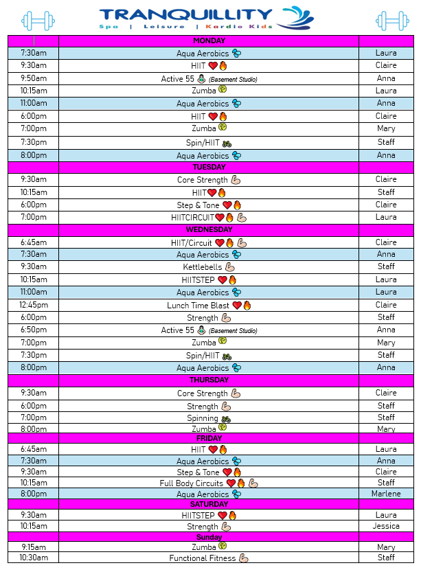 Gym classes timetable January 2025