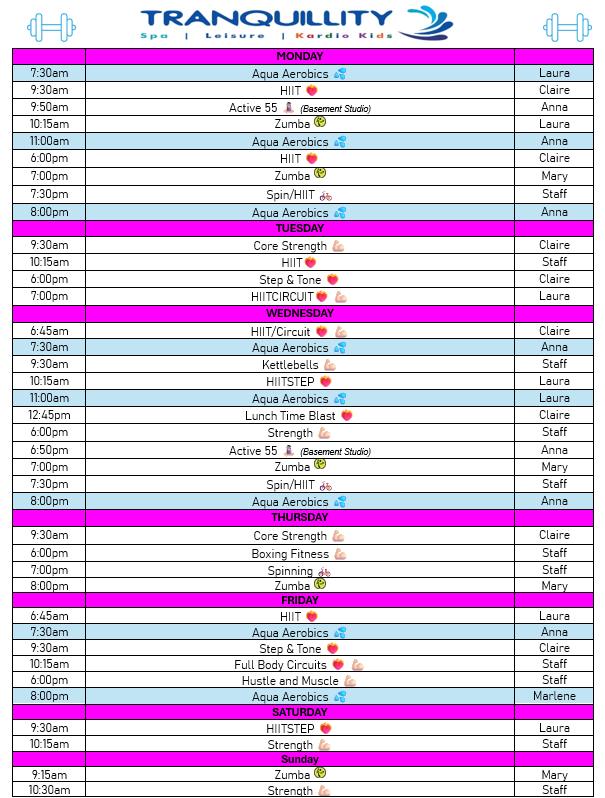 Gym timetable Feb 2025