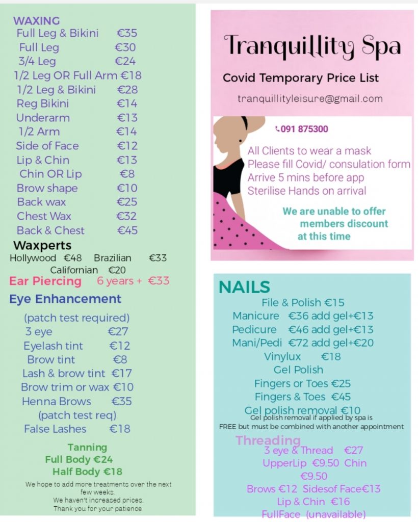 SPa Price List Tranquillity Leisure and Spa